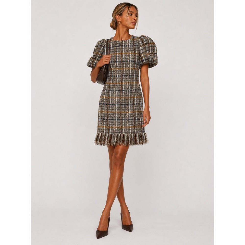 Aura Red Dress Wool Blend Tweed Plaid Puff Sleeve Mini Dress Gray S NWT New